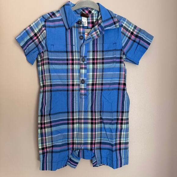Tea Collection Boys Blue Plaid Collared Shirt One Piece Romper 12-18 Month New - Picture 3 of 5